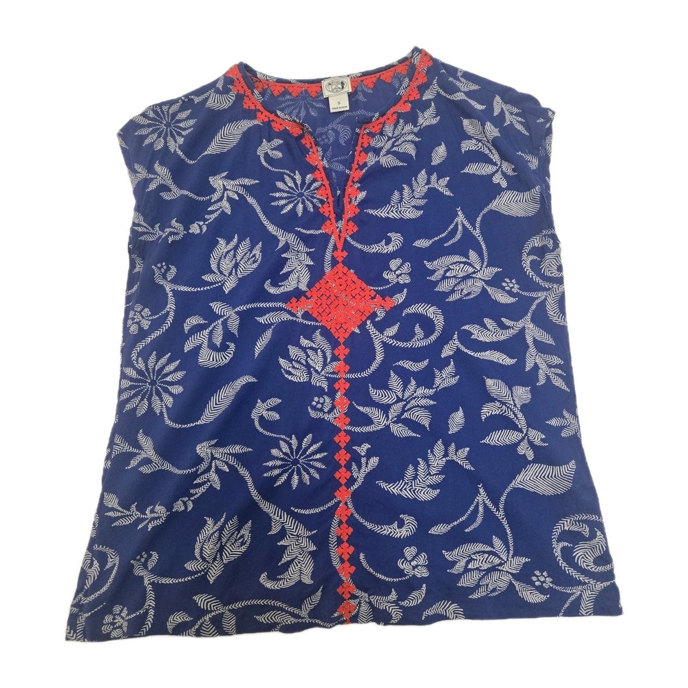 Irving & Fine x Lucky Brand Popover Print Top Embroidered Boho Red Blue Small - Picture 3 of 13